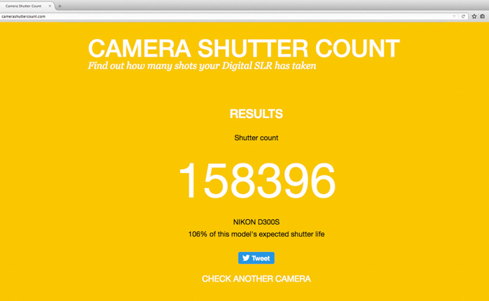 Screeshot of camera shutter count website 